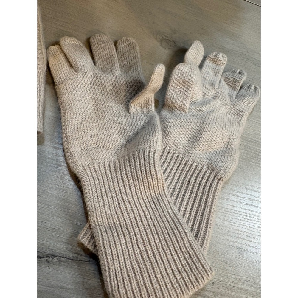 Fisher Finery 100‎ Cashmere Cable Knit Beanie Hat Gloves Set Beige Women OS